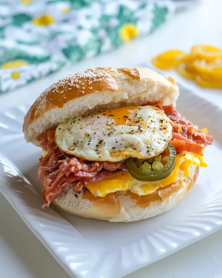 Homemade Easy Pastrami, Egg & Cheese on A Bagel with Sauted Onions & Jalapeo photo