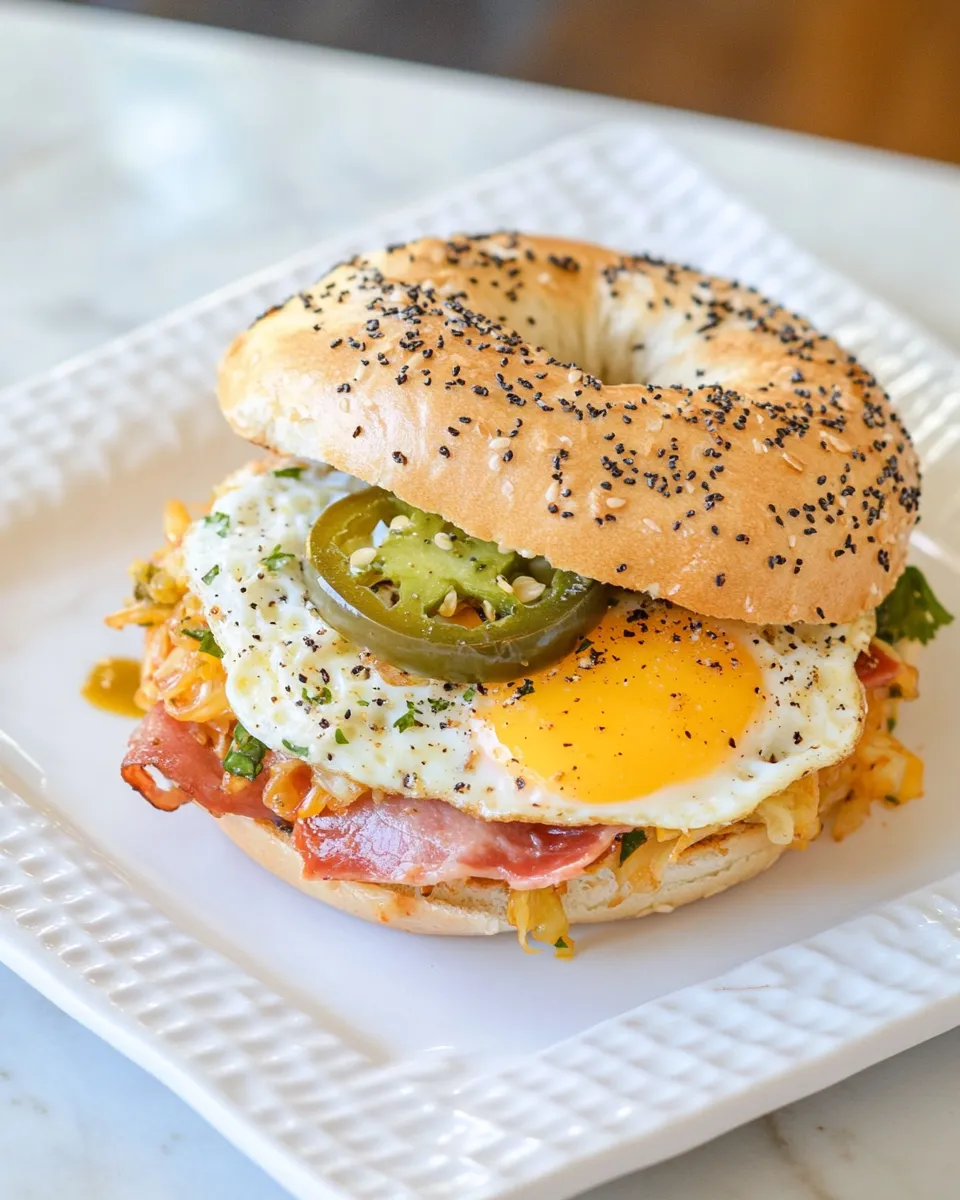 Classic Easy Pastrami, Egg & Cheese on A Bagel with Sauted Onions & Jalapeo image