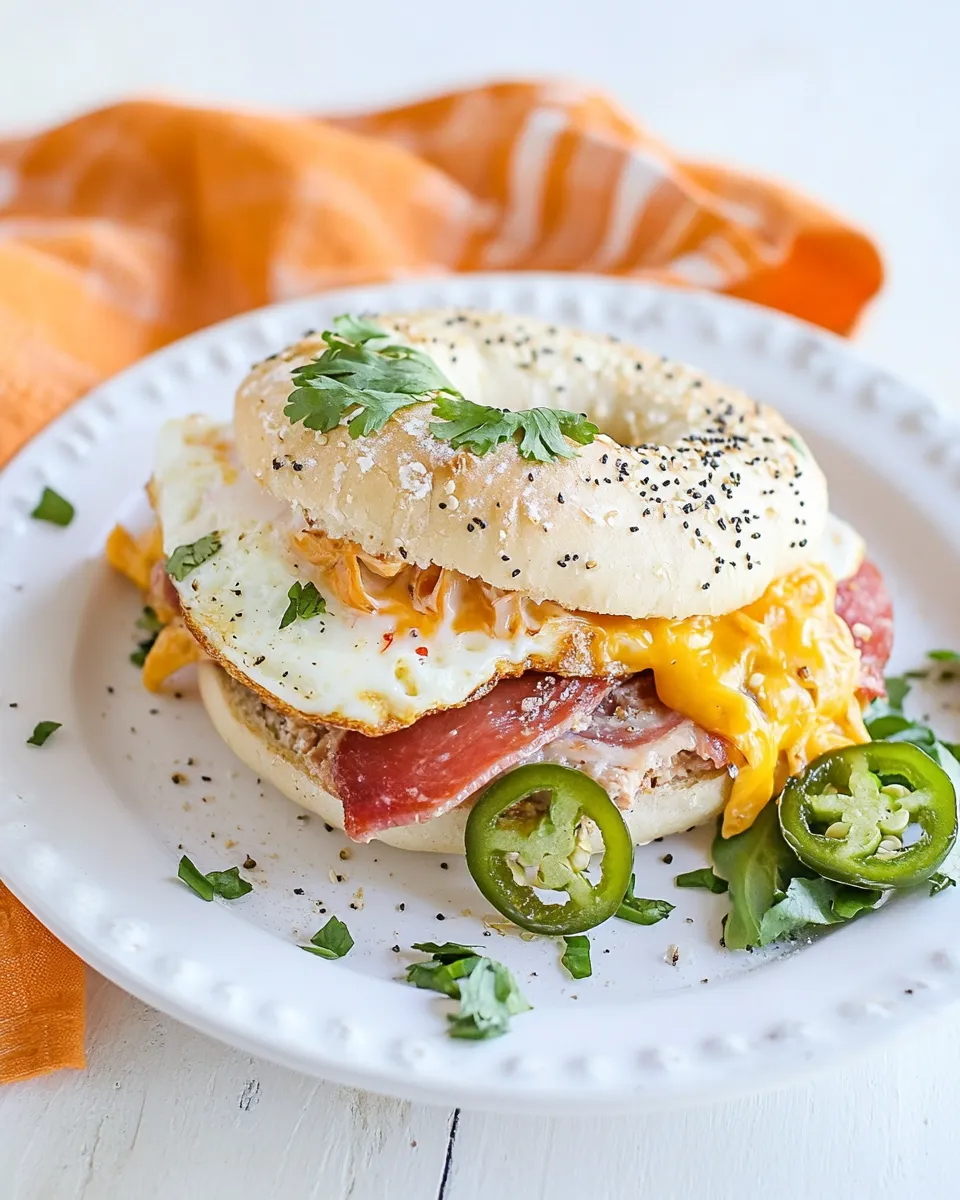 Delicious Easy Pastrami, Egg & Cheese on A Bagel with Sauted Onions & Jalapeo picture