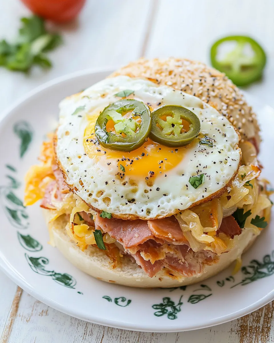 Quick Easy Pastrami, Egg & Cheese on A Bagel with Sauted Onions & Jalapeo shot