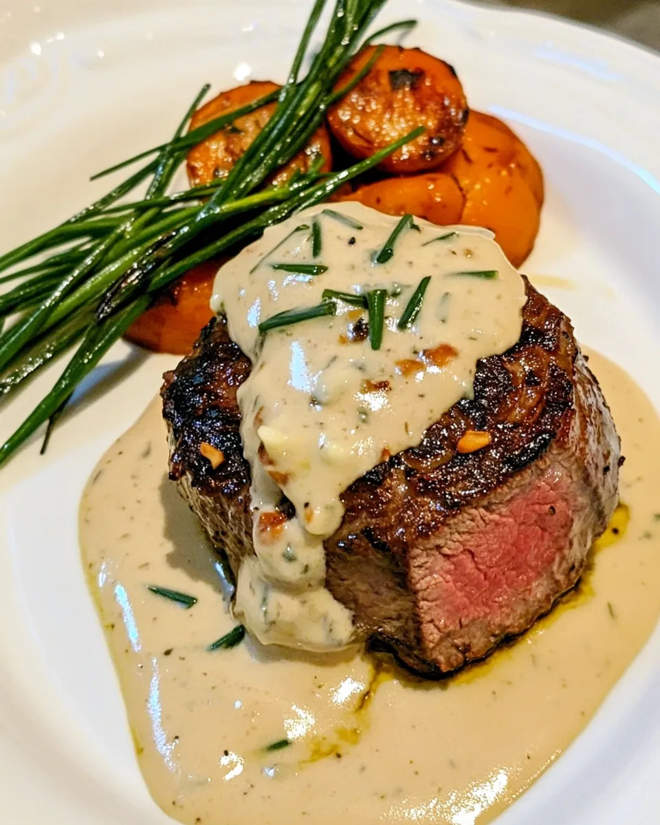 Delicious Fillets Mignons with Roquefort Chives Sauce shot