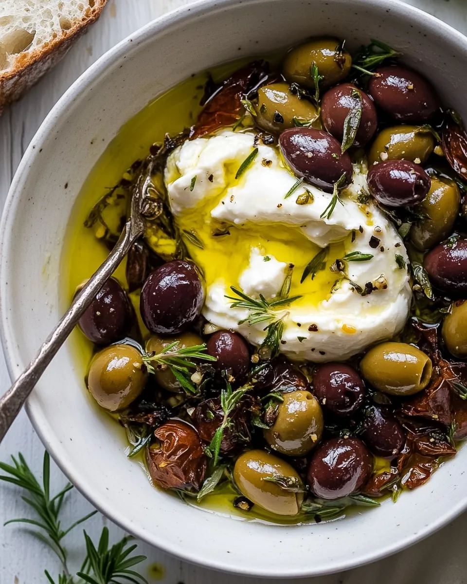 Perfect Garlic Herb Roasted Olives with Burrata. shot