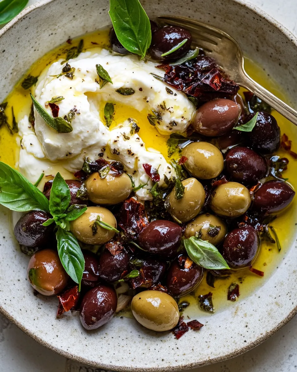 Savory Garlic Herb Roasted Olives with Burrata. recipe photo