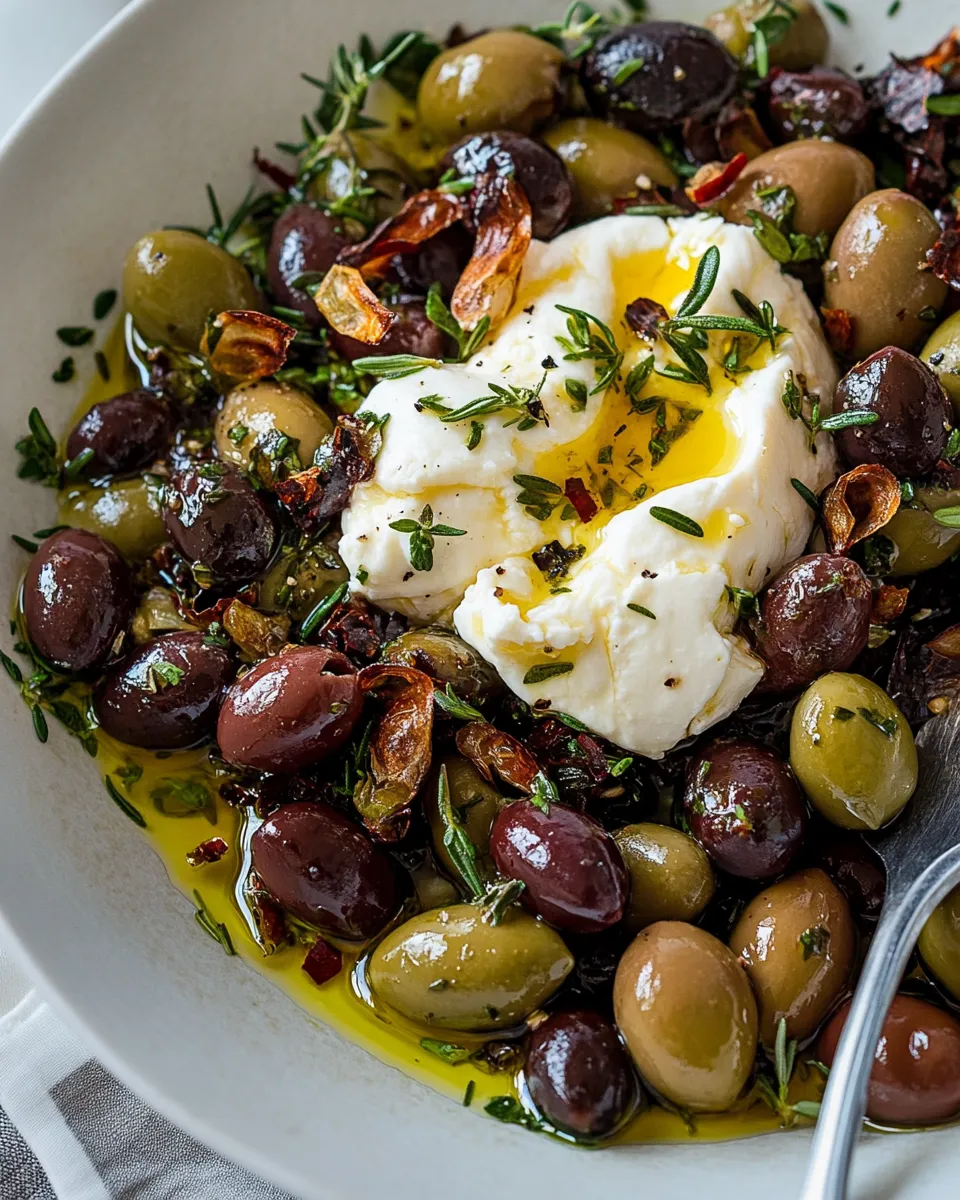 Simple Garlic Herb Roasted Olives with Burrata. image