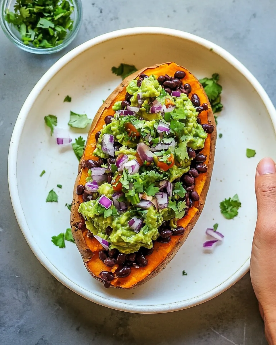 Classic Guacamole and Black Bean Loaded Sweet Potatoes image