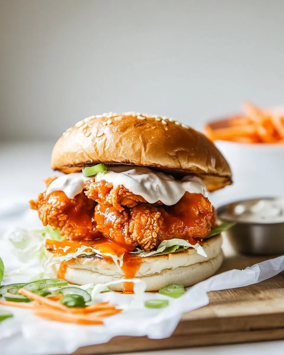 Savory Healthier Oven Fried Sweet Tea Buffalo Chicken Sandwich. food shot
