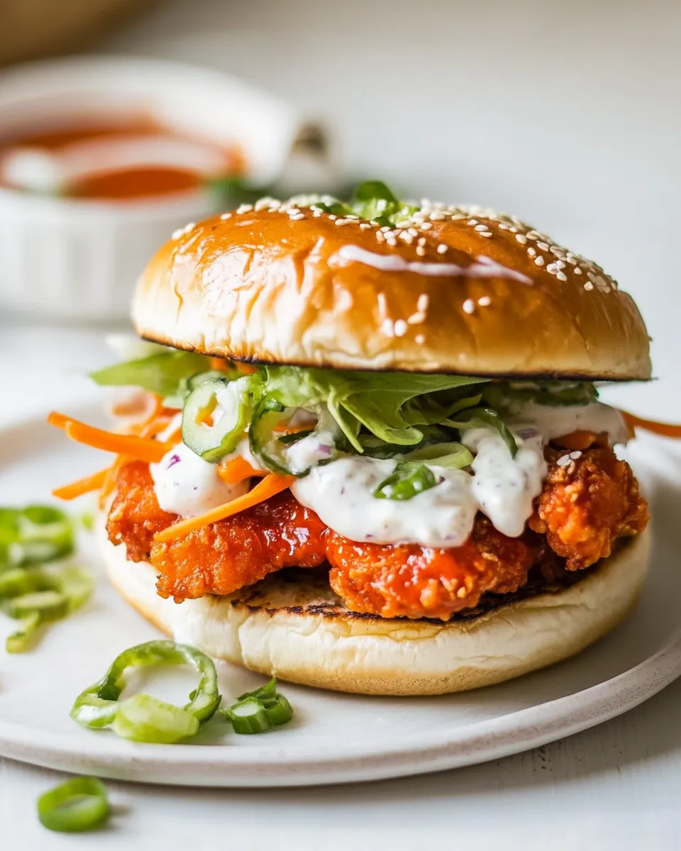 Simple Healthier Oven Fried Sweet Tea Buffalo Chicken Sandwich. dish image