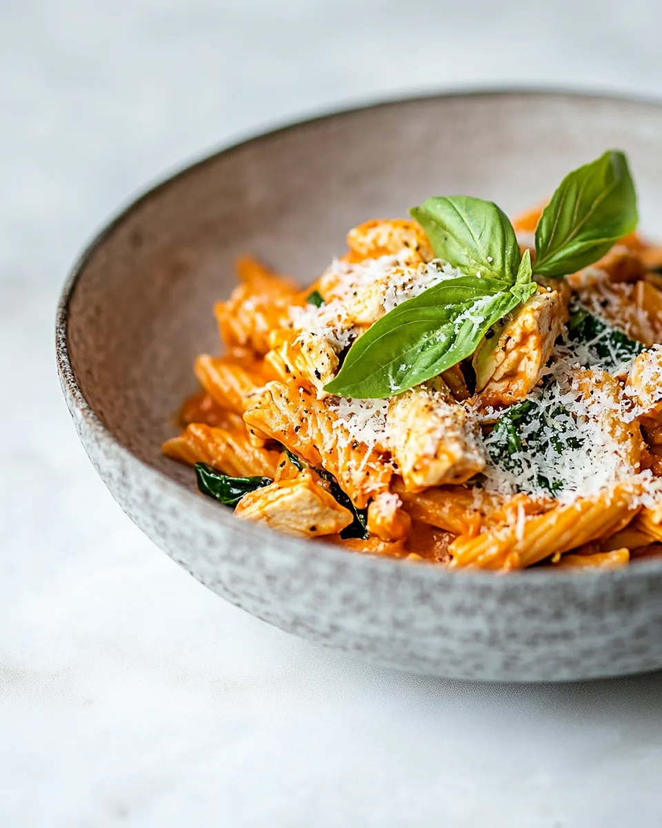 Homemade High-protein tomato pasta with chicken & spinach photo