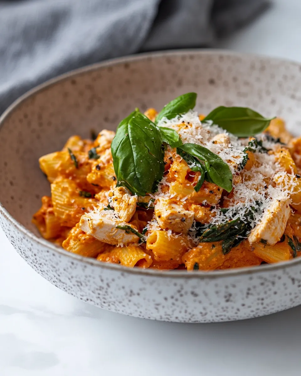 Delicious High-protein tomato pasta with chicken & spinach shot