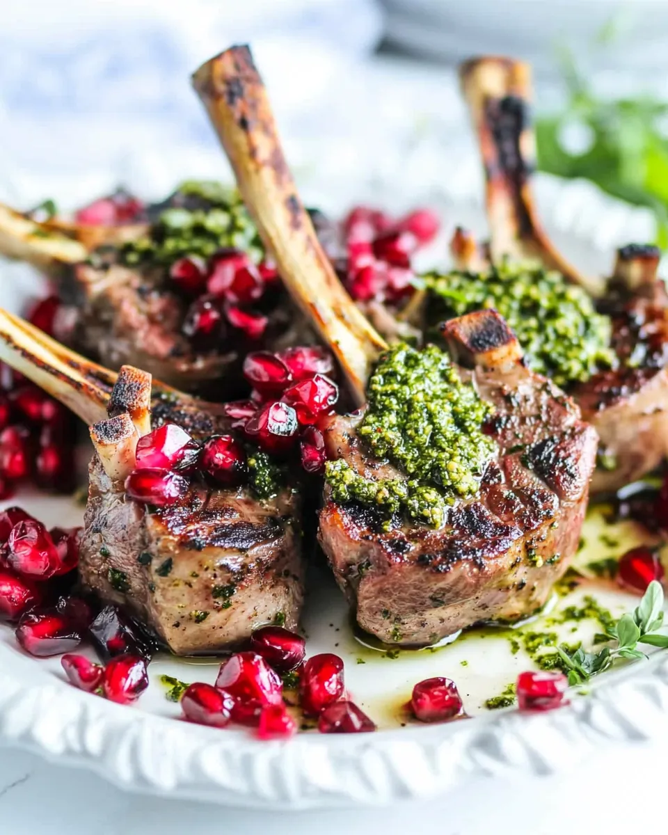 Homemade LAMB CHOPS WITH PESTO AND POMEGRANATE SAUCE photo