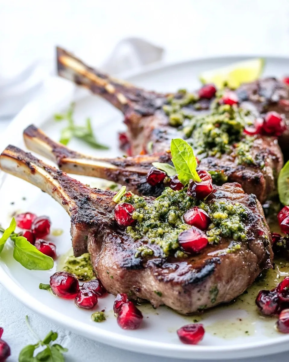 Delicious LAMB CHOPS WITH PESTO AND POMEGRANATE SAUCE shot