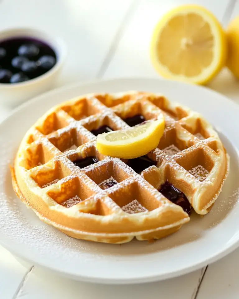 Homemade Lemon Belgian Waffles with Blueberry Syrup photo