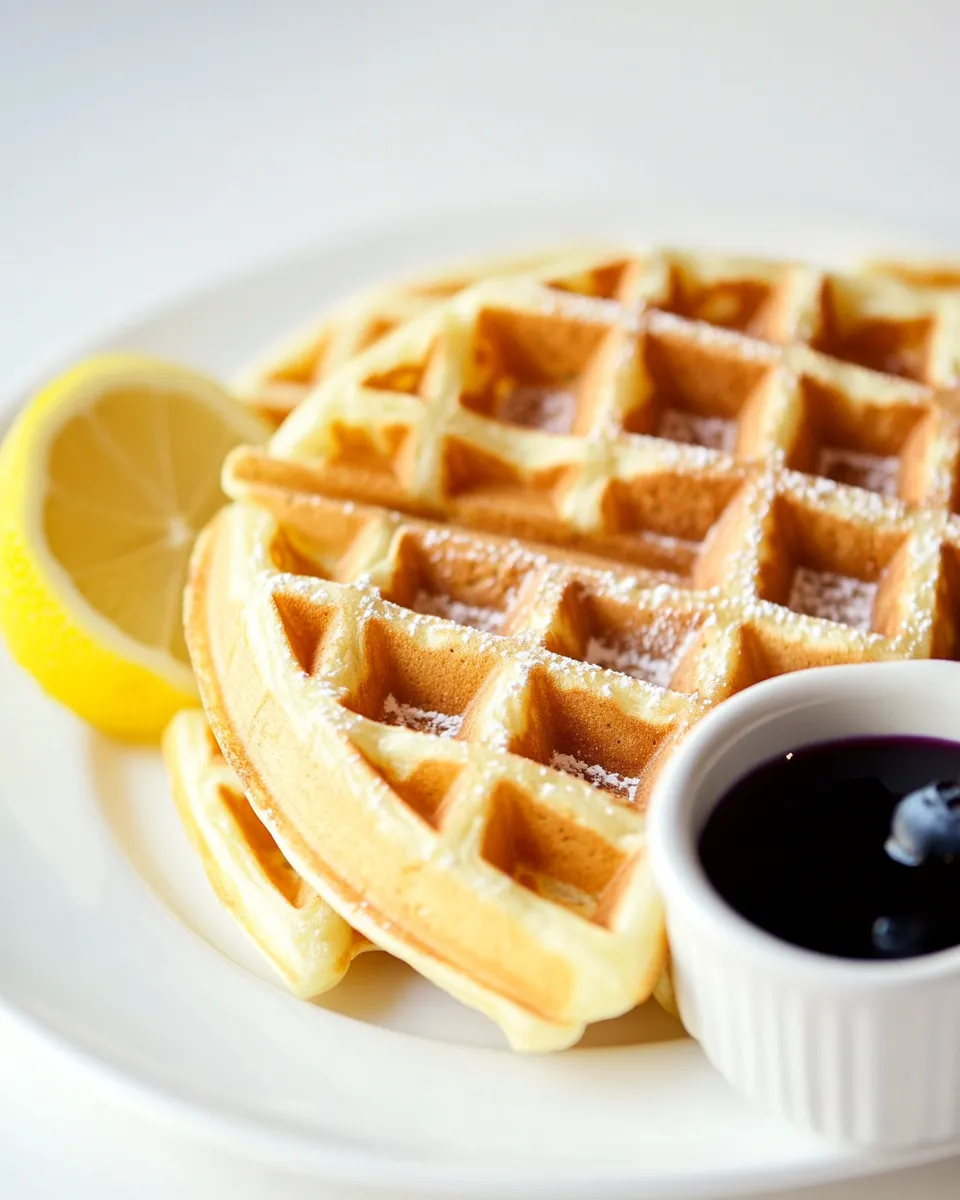 Delicious Lemon Belgian Waffles with Blueberry Syrup shot