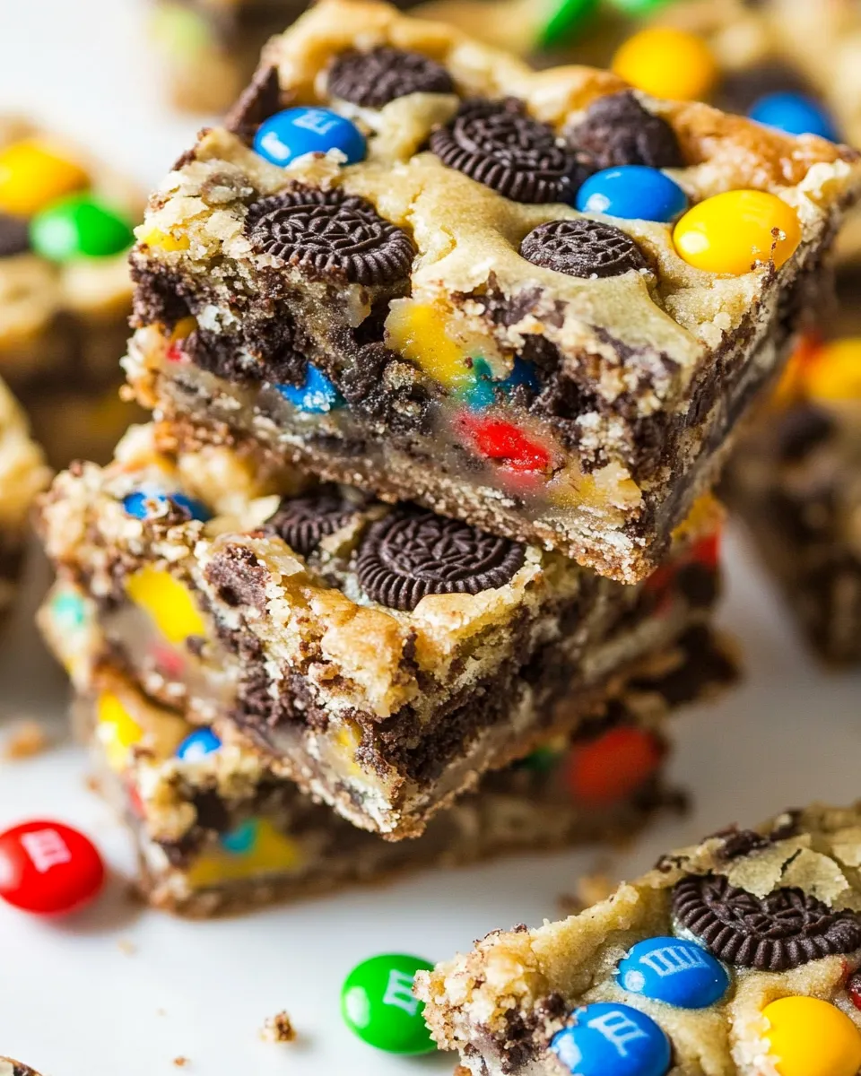 Best Loaded M&M Oreo Cookie Bars image