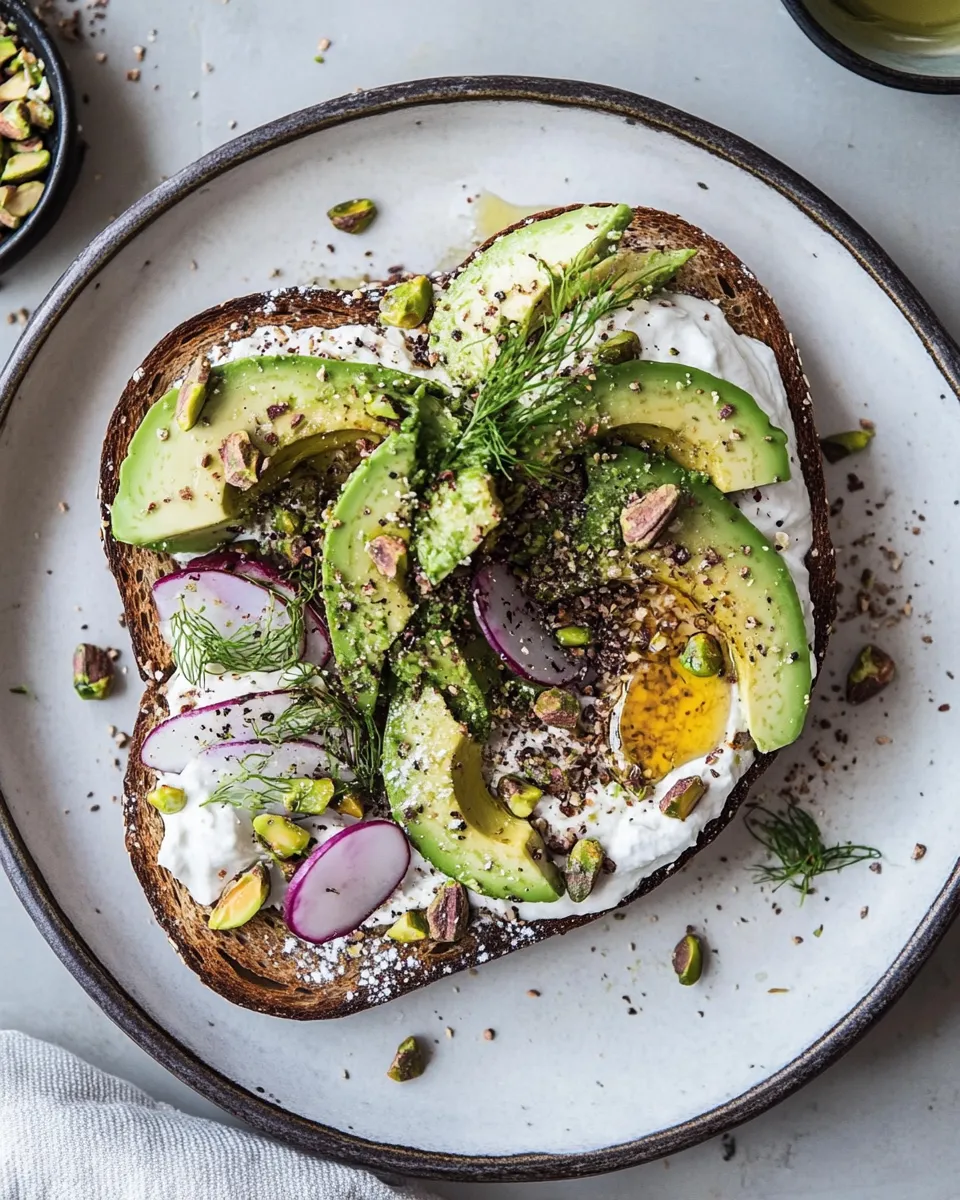 Homemade Mediterranean Inspired Avocado Toast with Pistachio Dukkah. photo