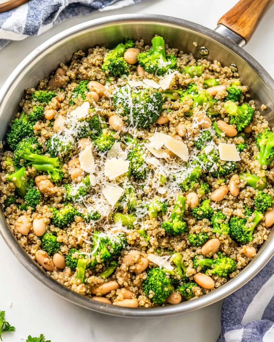 Delicious One Pan Broccoli Quinoa Skillet with Parmesan and White Beans shot