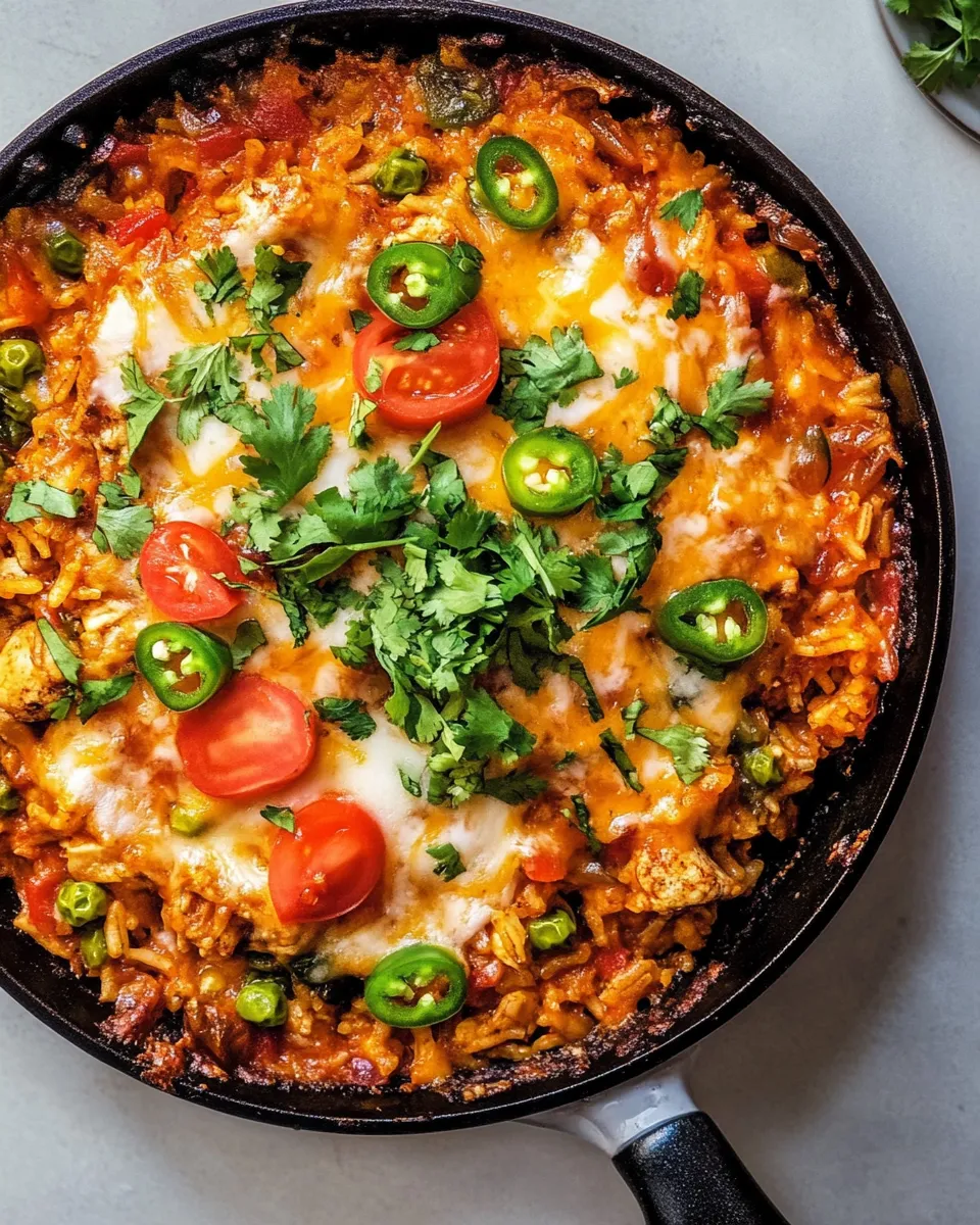 Savory One Skillet Cheesy Salsa Chicken Rice Bake. dish image