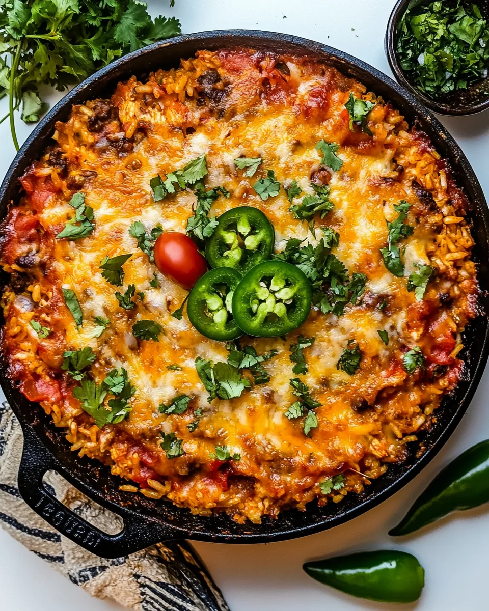 Sweet One Skillet Cheesy Salsa Chicken Rice Bake. food shot