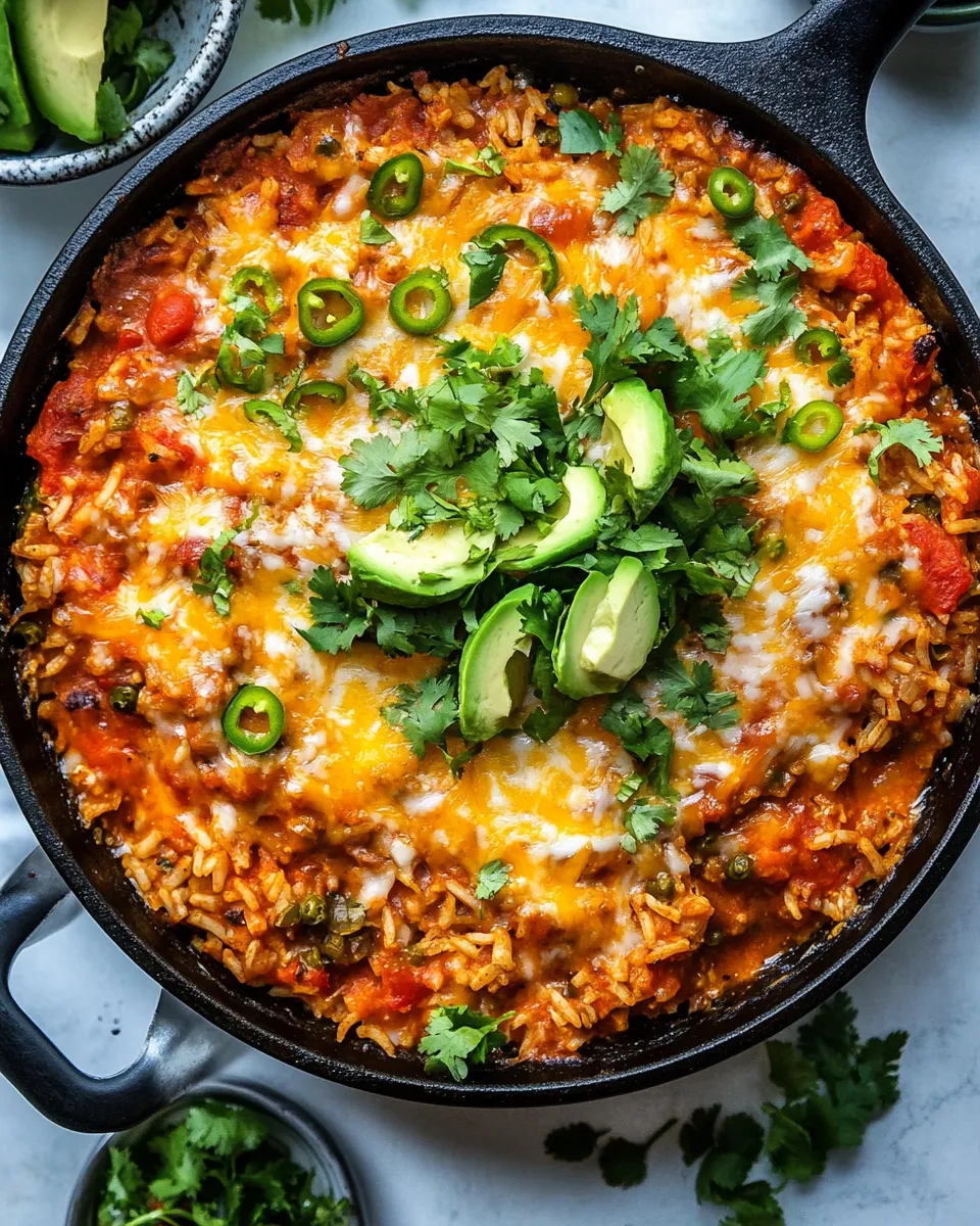Simple One Skillet Cheesy Salsa Chicken Rice Bake. dish image