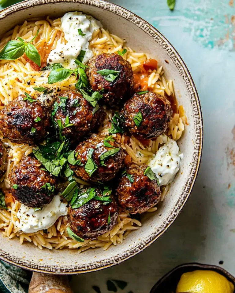 Homemade One Skillet Greek Meatballs and Lemon Butter Orzo. photo