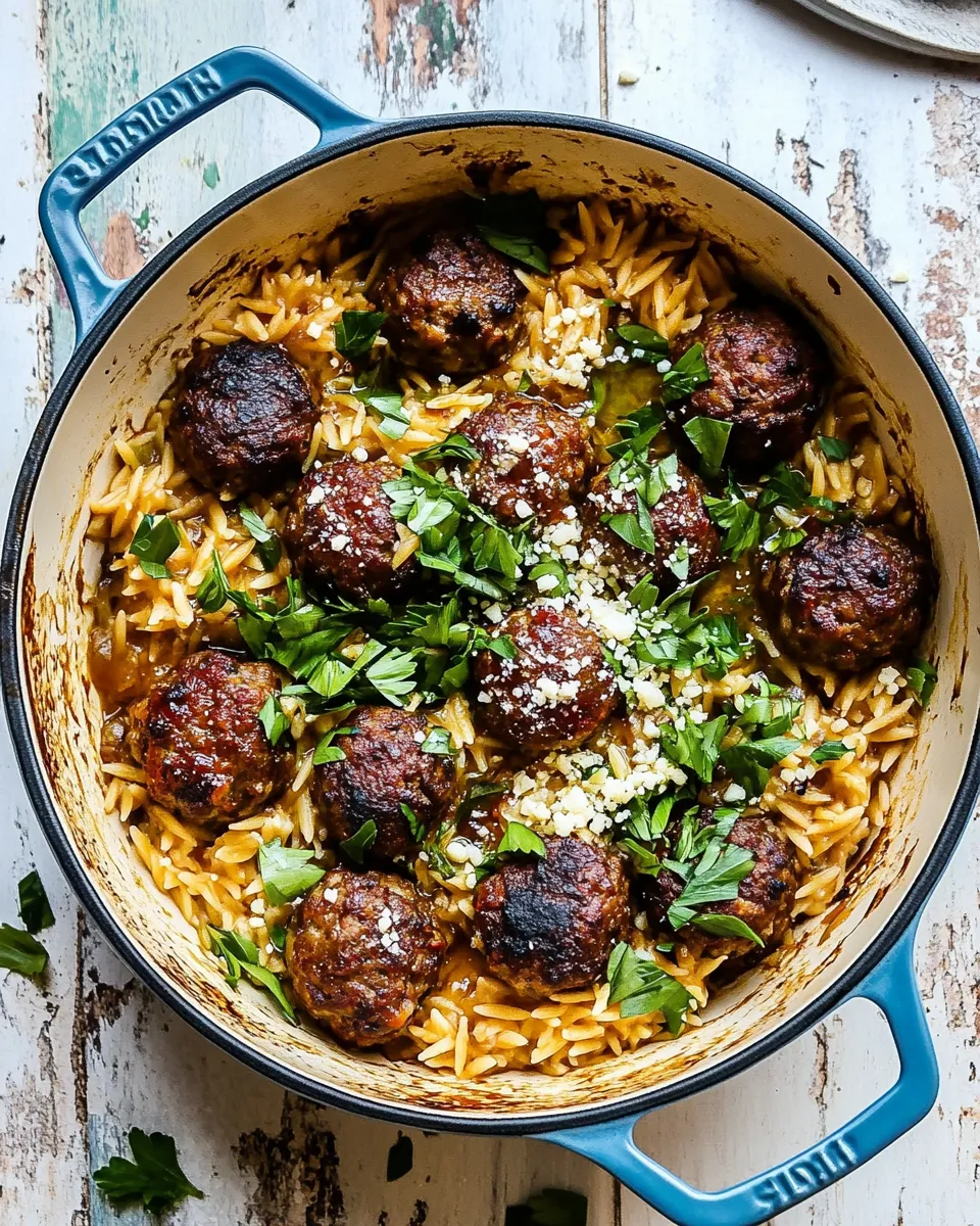 Easy One Skillet Greek Meatballs and Lemon Butter Orzo. picture