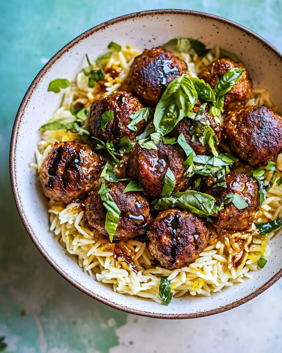 Delicious One Skillet Greek Meatballs and Lemon Butter Orzo. shot