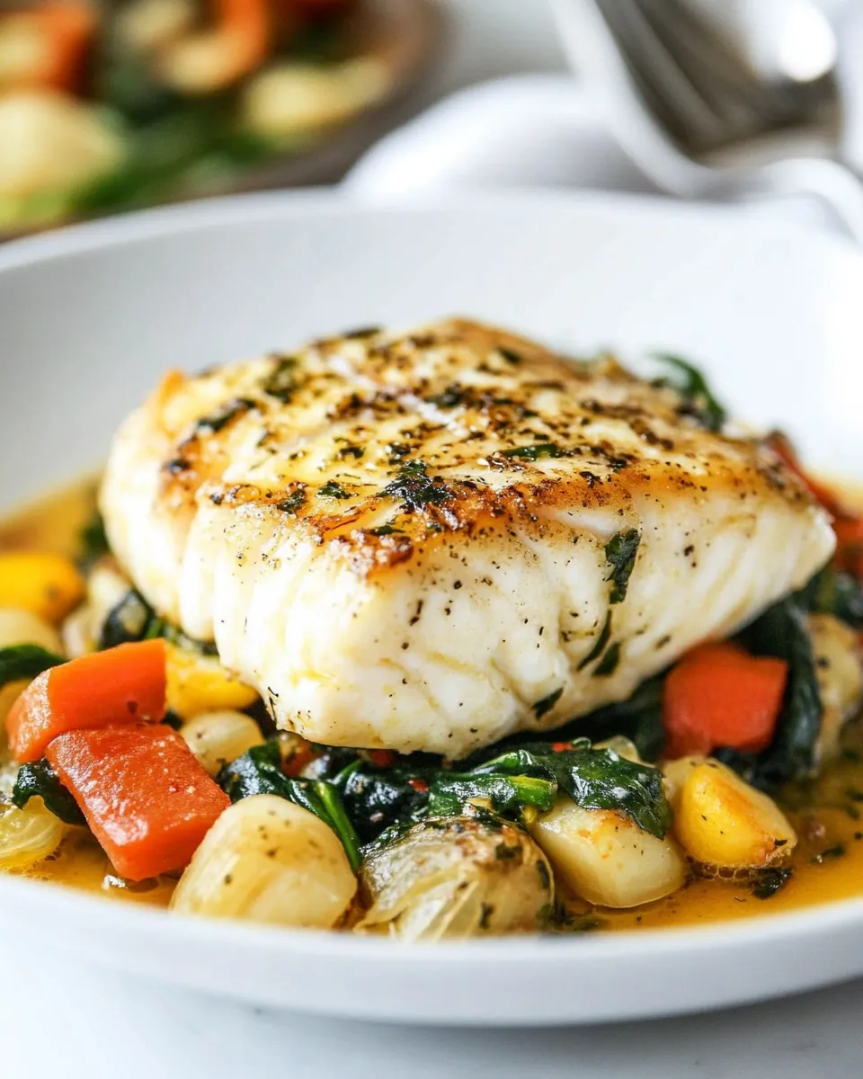 Delicious Pan-Seared Halibut with Vegetables shot