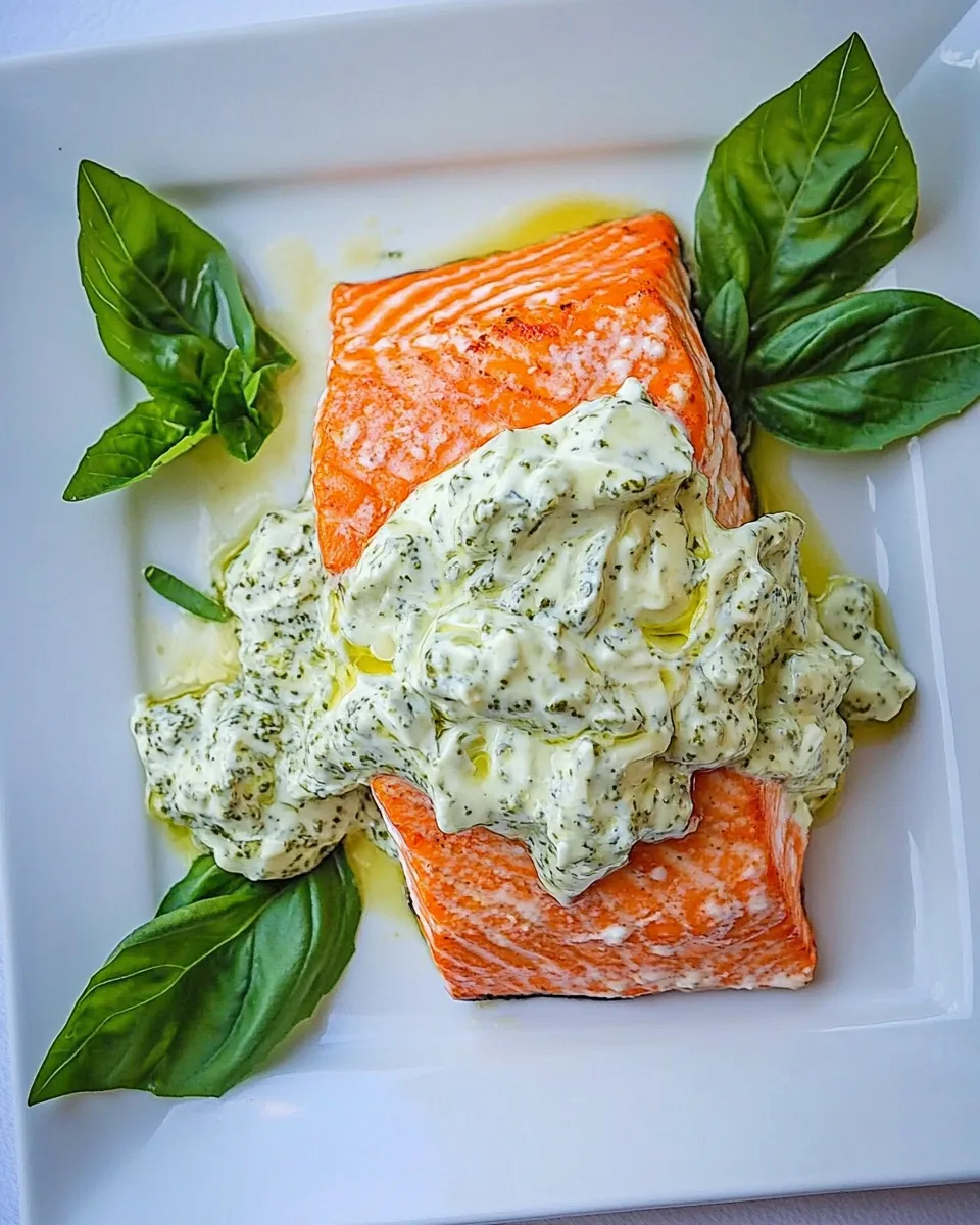 Quick Pan Fried Salmon with Pesto Cream Cheese Sauce shot