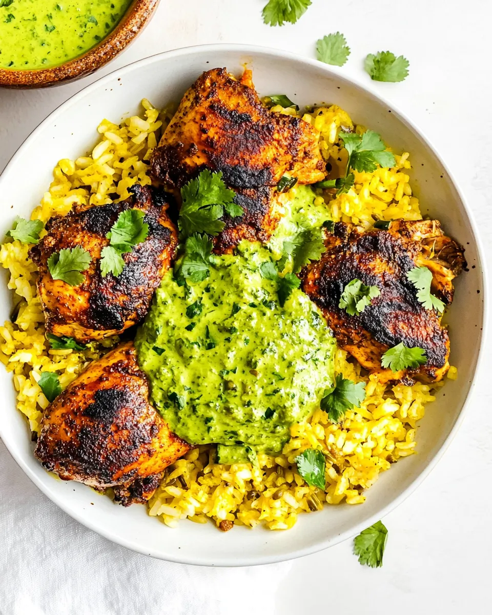 Delicious Peruvian Chicken & Rice with Green Sauce shot