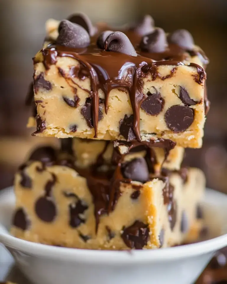Homemade Raw Chocolate Chip Cookie Dough Bars with Hot Fudge photo