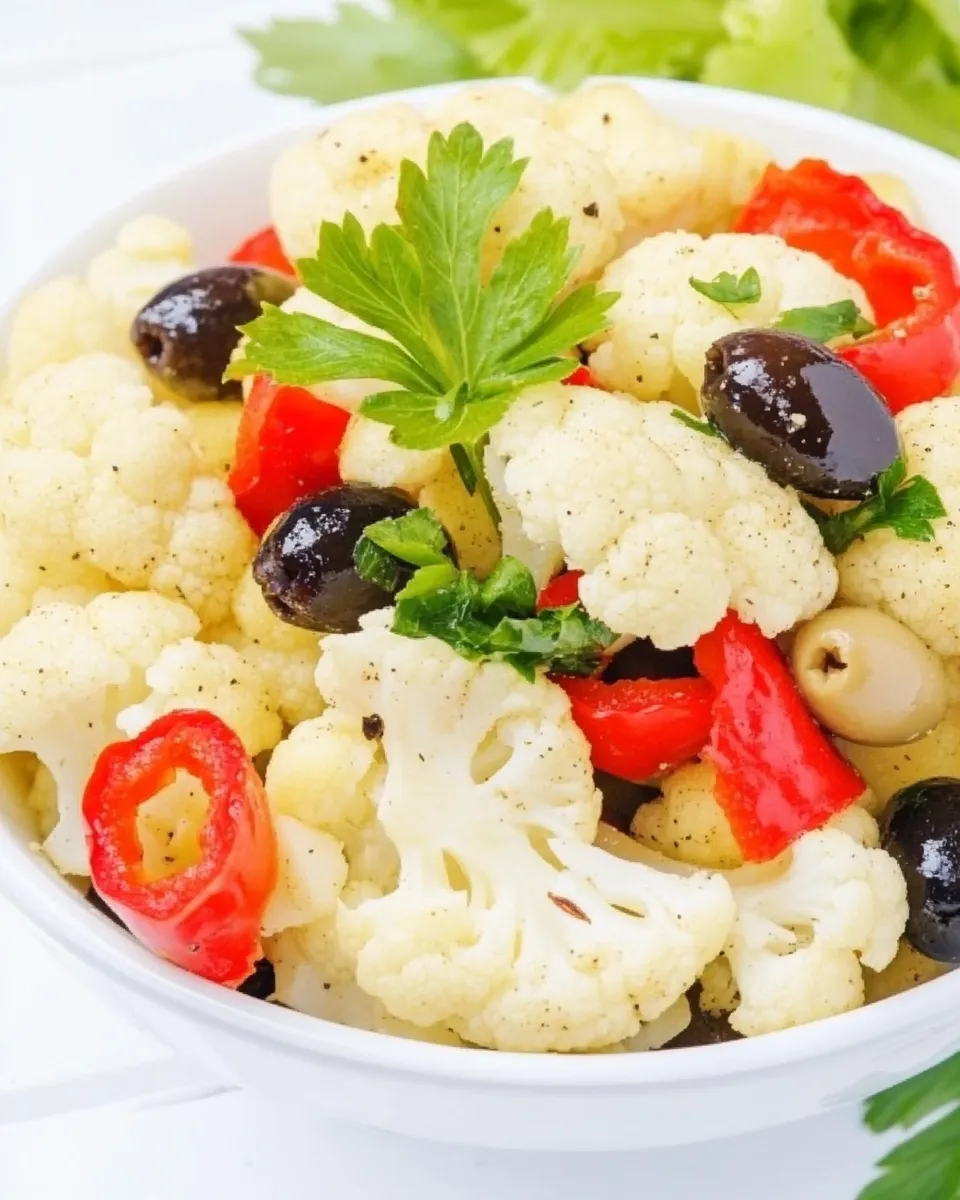 Delicious Roasted Cauliflower and Red Peppers with Olives shot