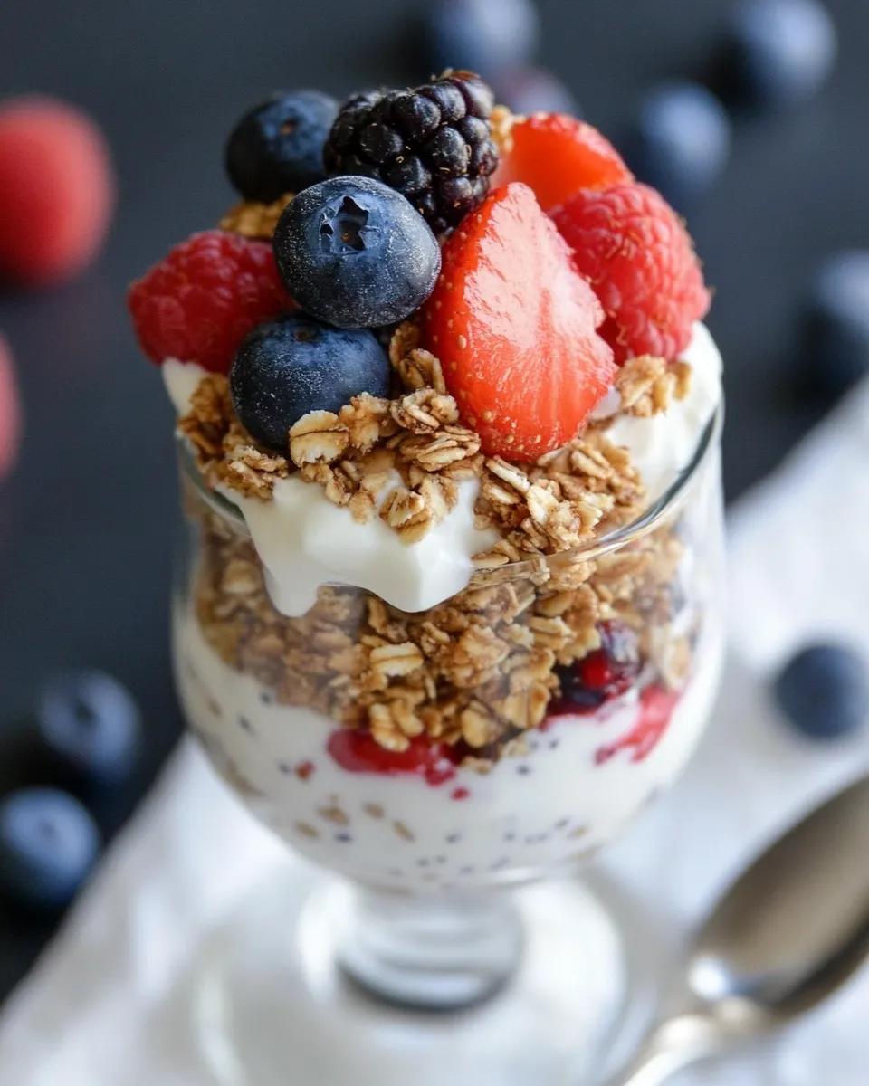 Delicious Simple Granola Parfait with Yogurt & Berries shot