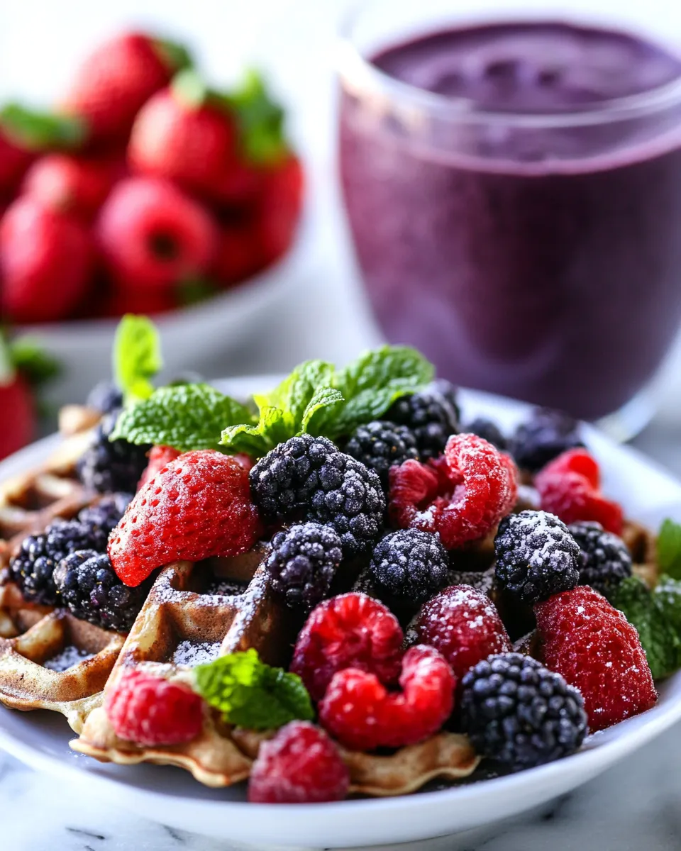 Delicious Skinny Protein Waffles, Peanut Butter Chocolate Chip Cookies, plus my Favorite Berry Green Smoothie shot