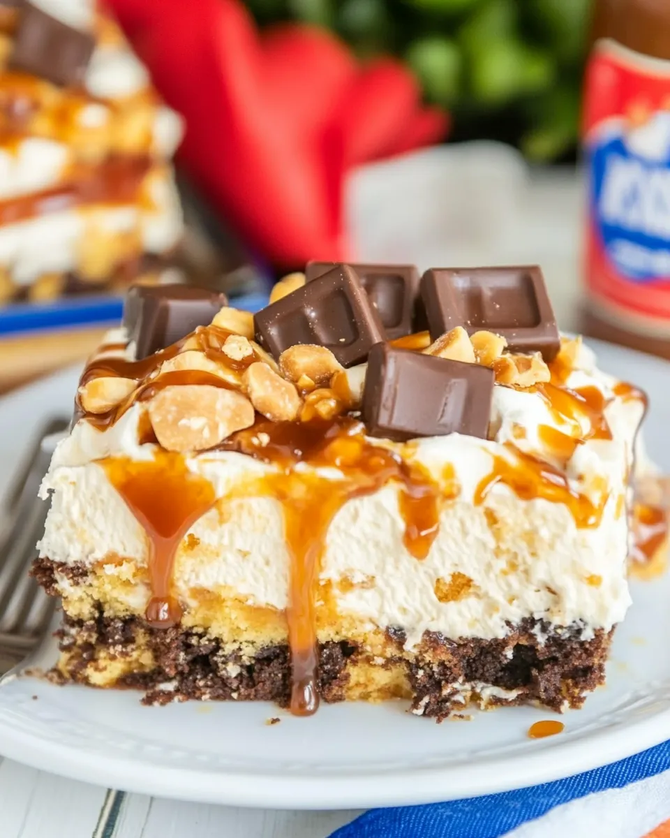 Delicious Snickers Poke Cake shot