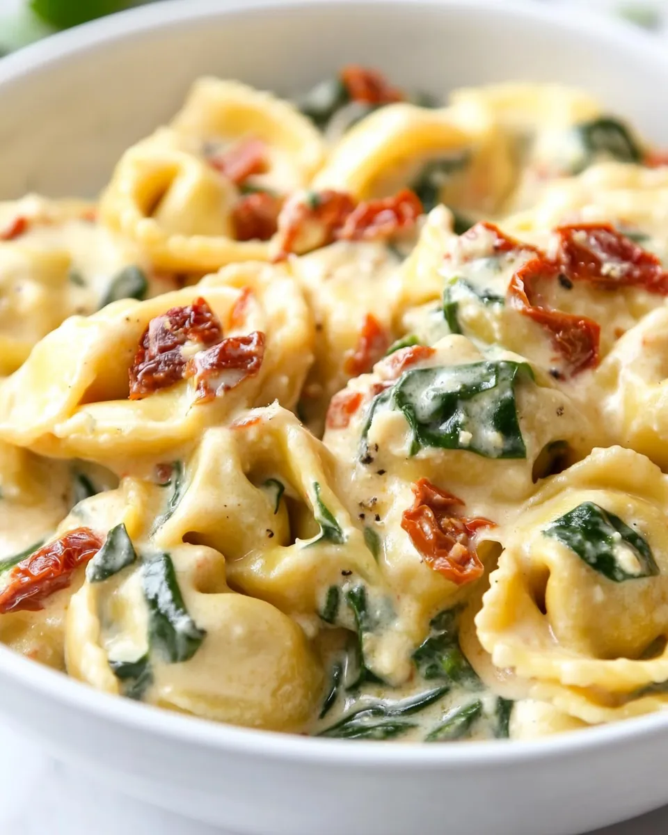 Classic Tortellini in Parmesan Cream Sauce with Spinach and Sun-Dried Tomatoes image