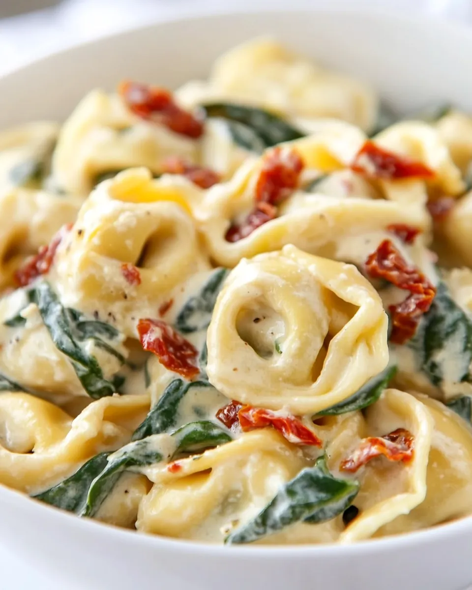 Delicious Tortellini in Parmesan Cream Sauce with Spinach and Sun-Dried Tomatoes shot