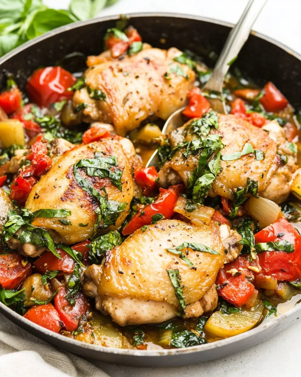 Delicious Tuscan Chicken Thigh Skillet shot
