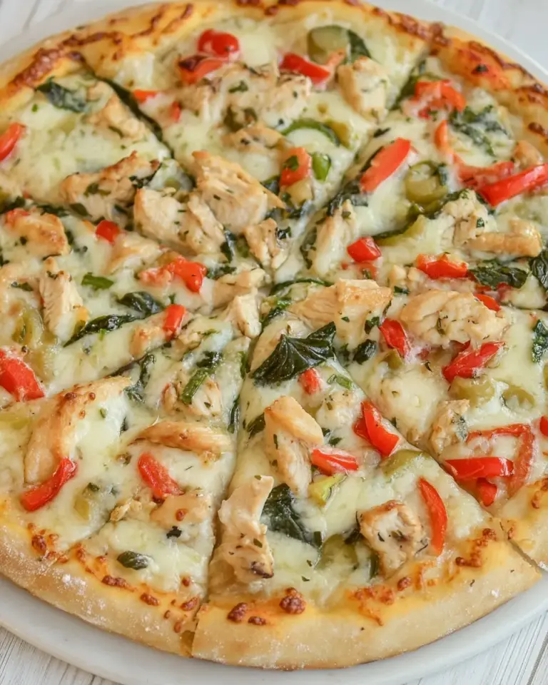 Homemade White Garlic Chicken and Vegetable Pizza photo