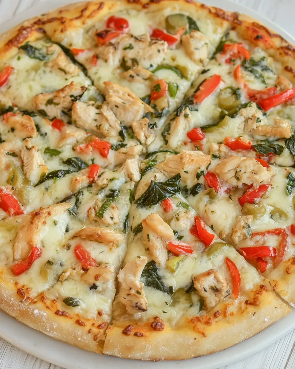 Homemade White Garlic Chicken and Vegetable Pizza photo