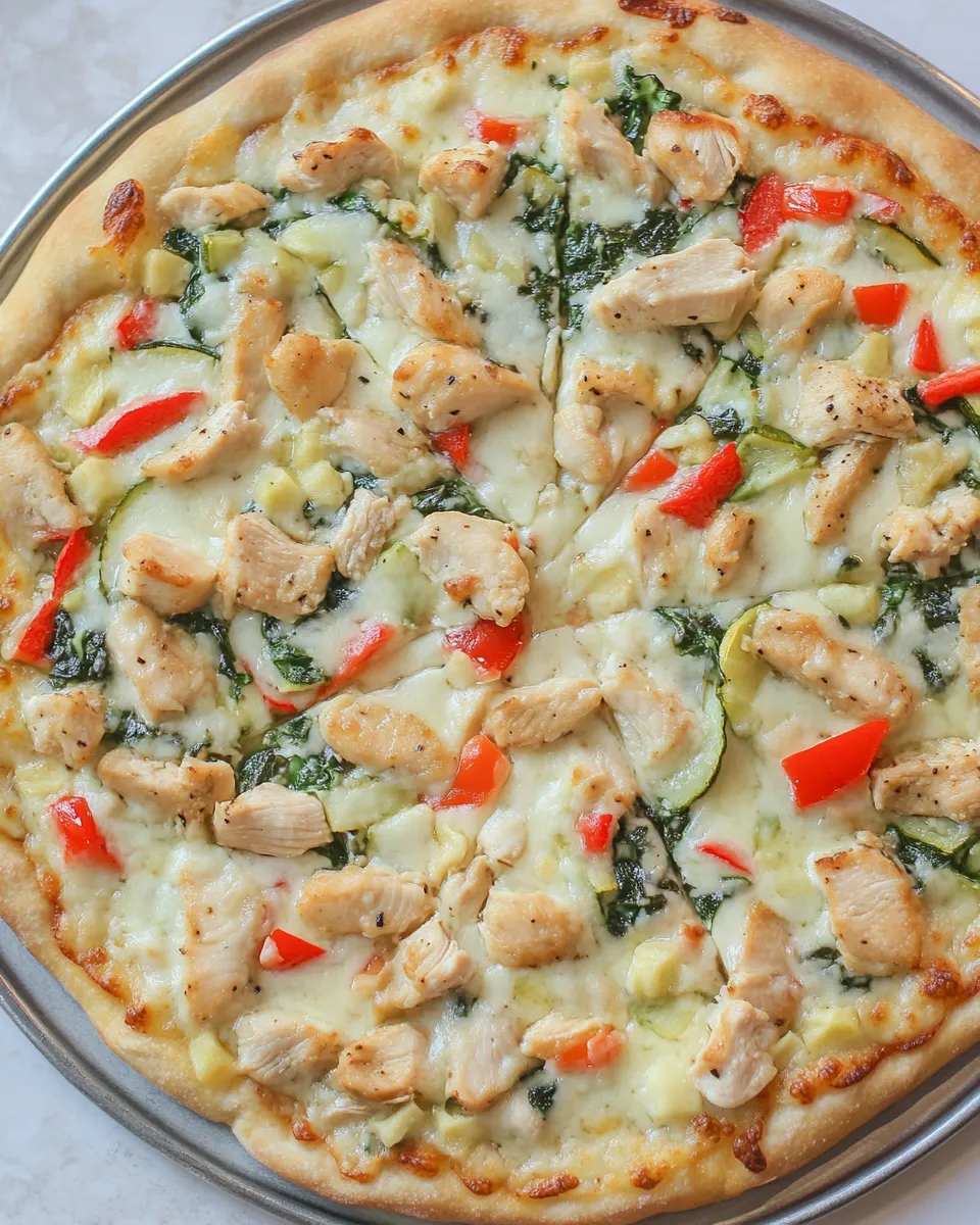 Delicious White Garlic Chicken and Vegetable Pizza shot