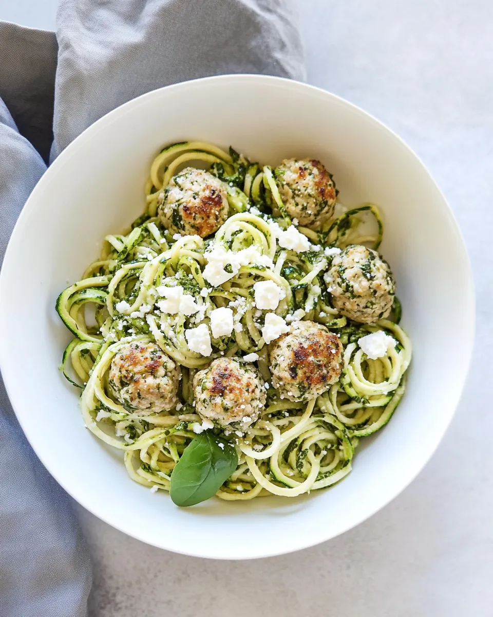 Quick Zucchini Noodles with Mini Chicken Feta and Spinach Meatballs. picture