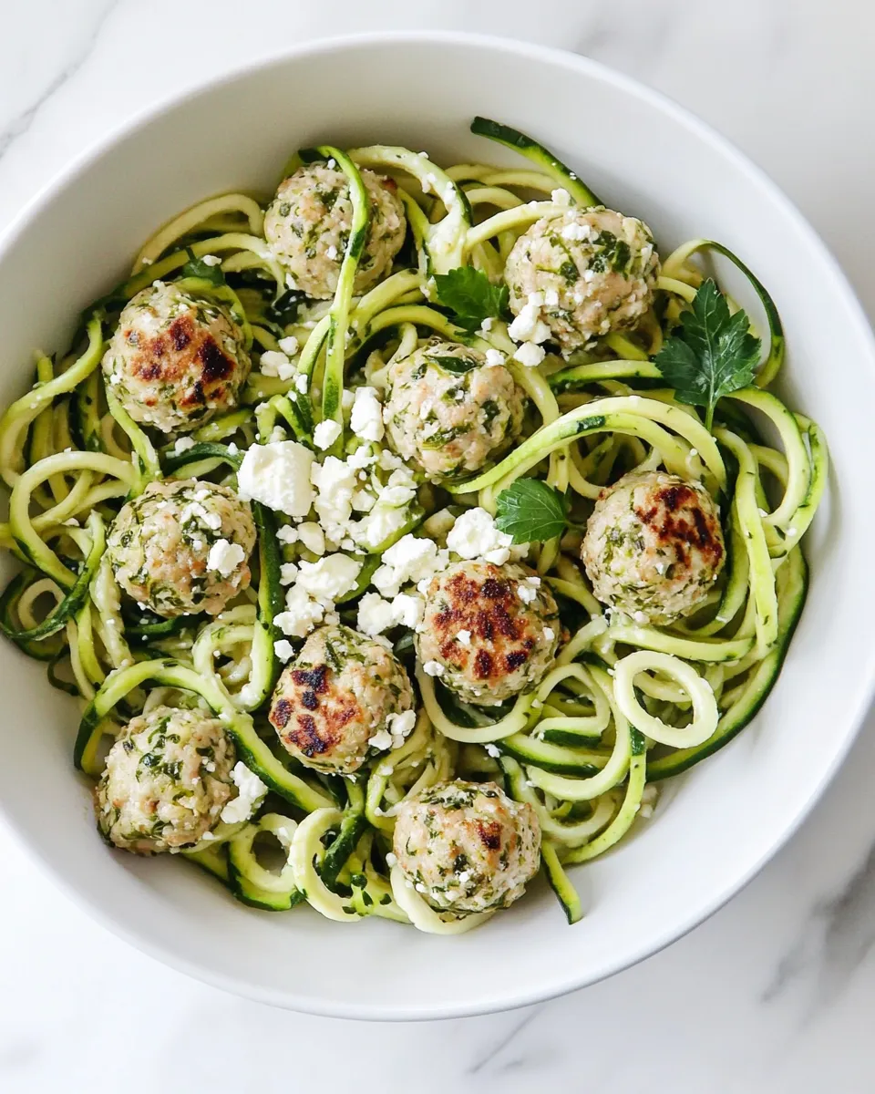 Quick Zucchini Noodles with Mini Chicken Feta and Spinach Meatballs. recipe photo