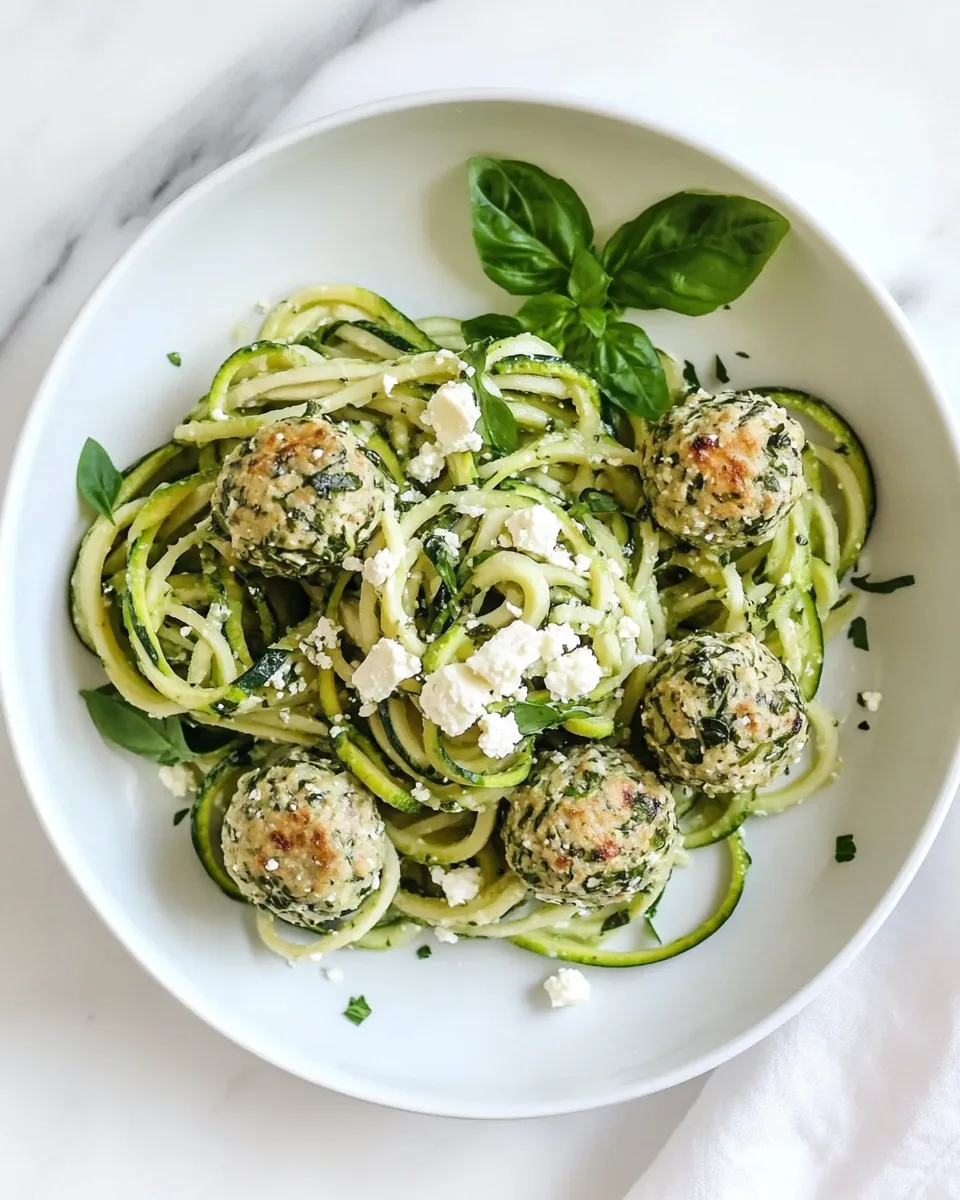 Simple Zucchini Noodles with Mini Chicken Feta and Spinach Meatballs. food shot