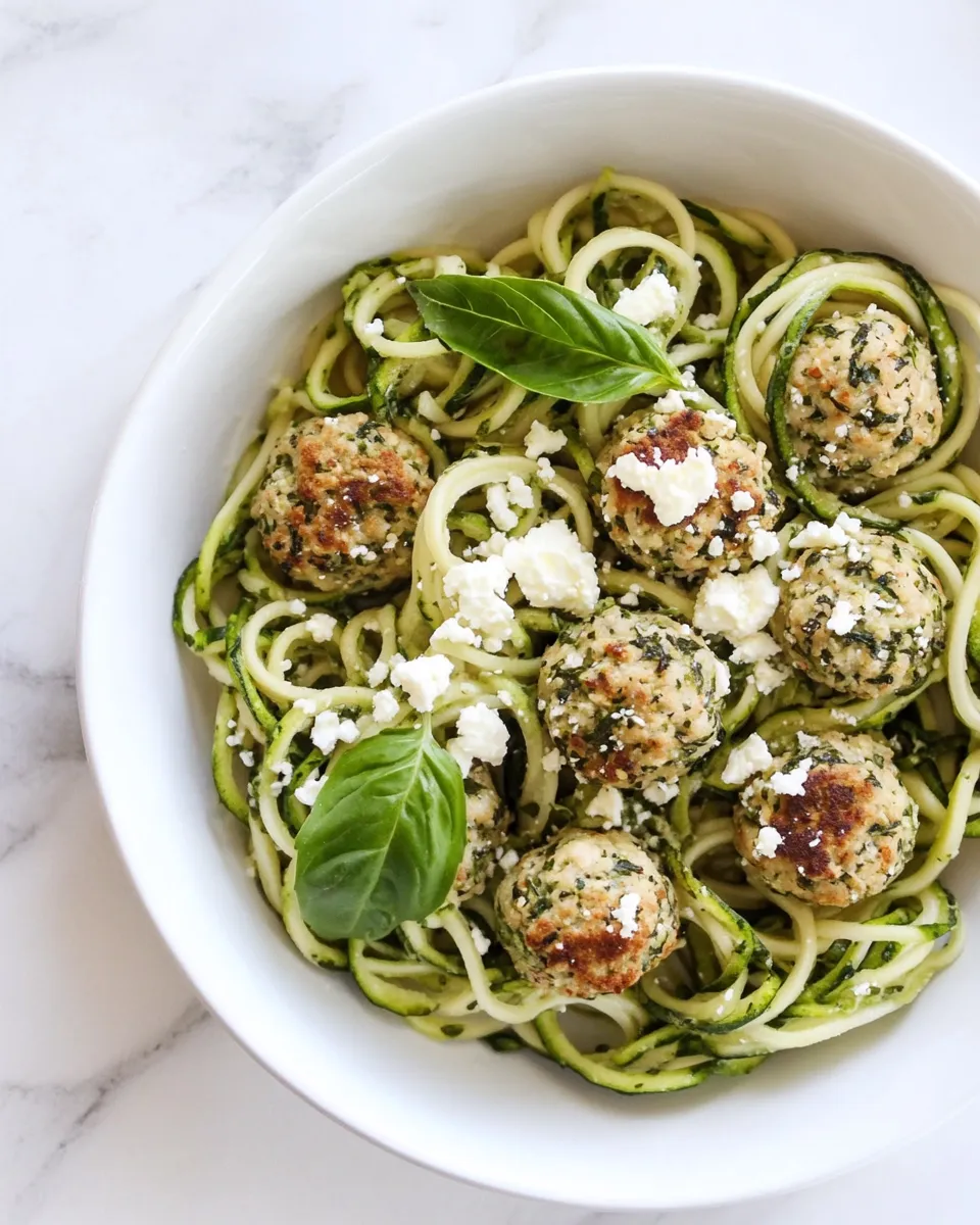 Easy Zucchini Noodles with Mini Chicken Feta and Spinach Meatballs. dish image