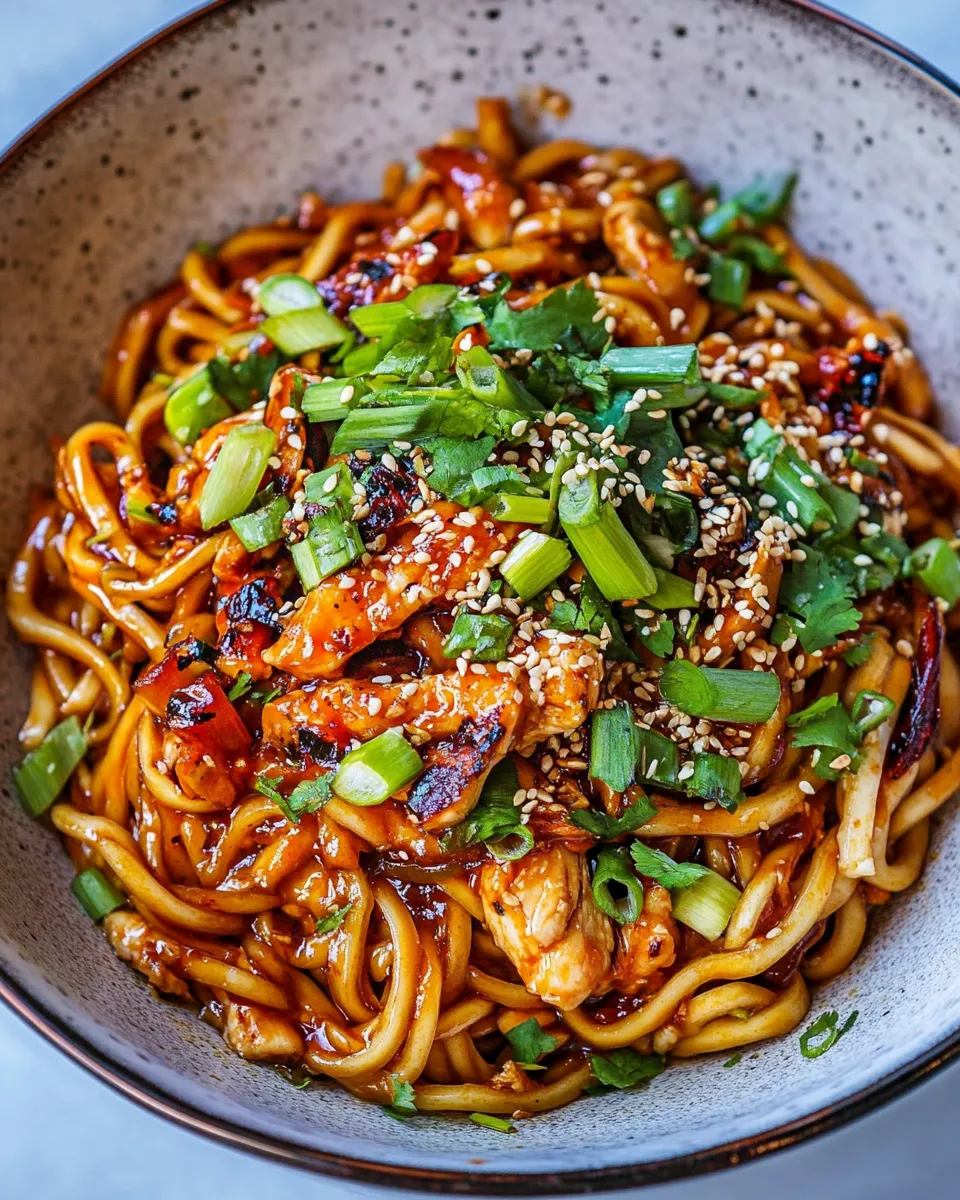 Delicious 20 Minute Honey Garlic Chicken Udon Noodles. food shot