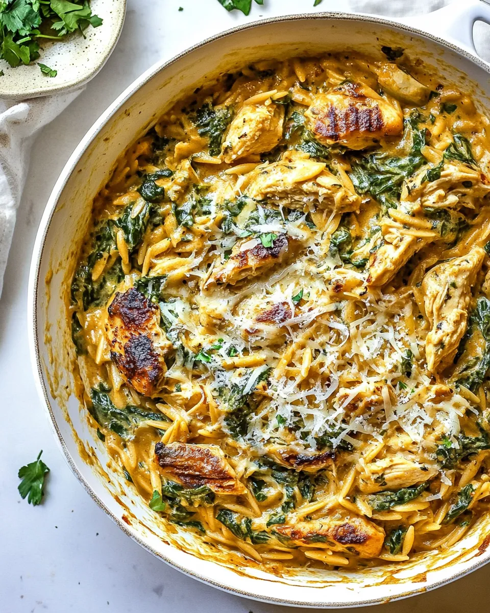 Quick 25 Minute Spinach and Artichoke Chicken Orzo. food shot