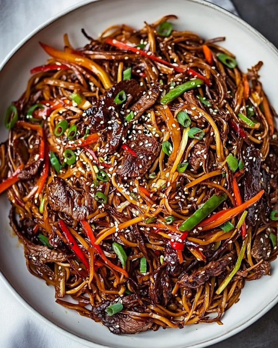 Easy 30-Minute Stir Fried Korean Beef and Toasted Sesame Noodles. food shot