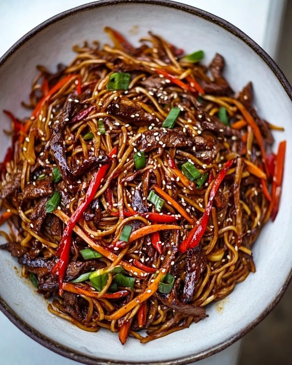Delicious 30-Minute Stir Fried Korean Beef and Toasted Sesame Noodles. plate image