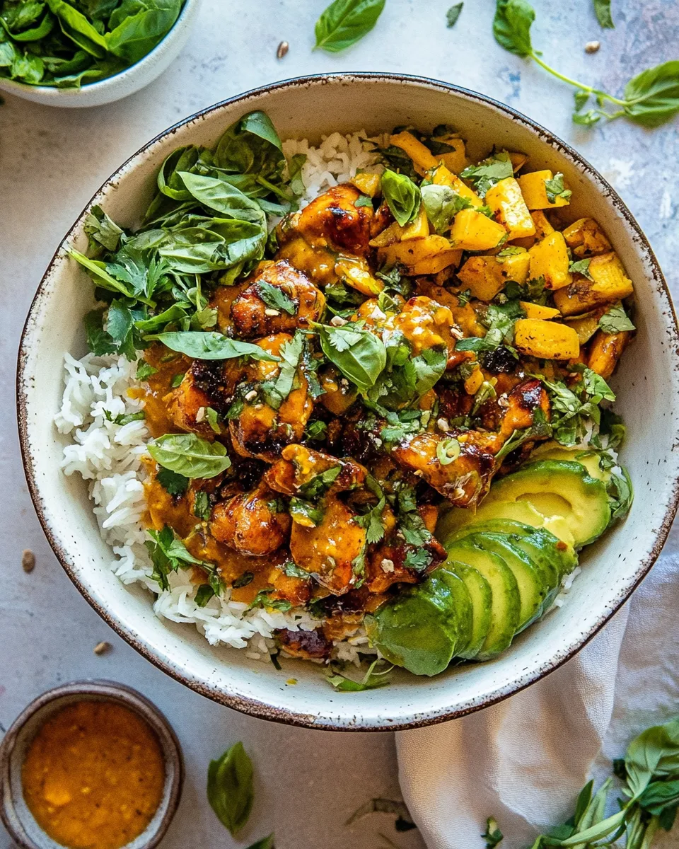 Homemade 30 Minute Ginger Peanut Chicken Bowls. recipe photo