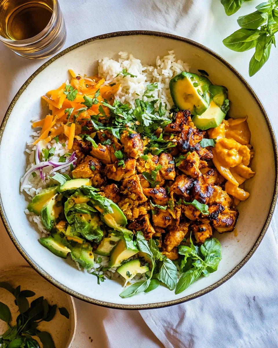 Easy 30 Minute Ginger Peanut Chicken Bowls. food shot